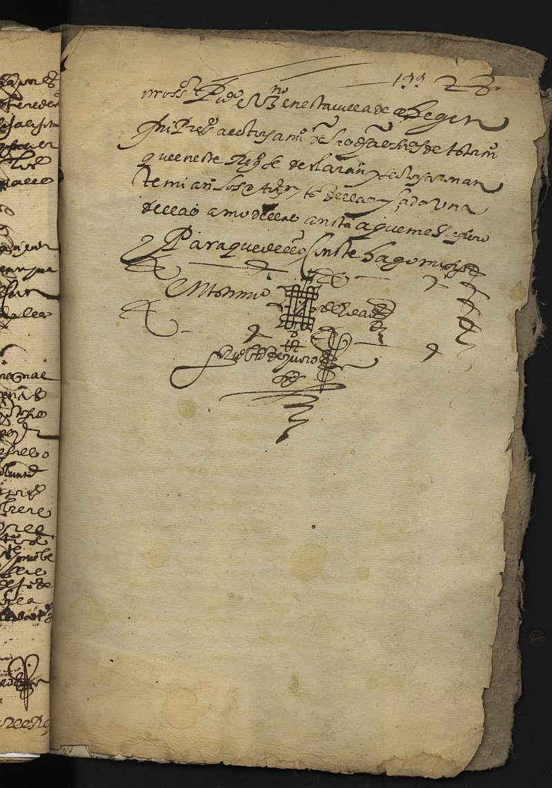 Diligencia final de protocolización de las escrituras declaradas en este registro de 1596 realizada por Juan Bernaldo de Quirós, escribano real y público de la villa de Cehegín.